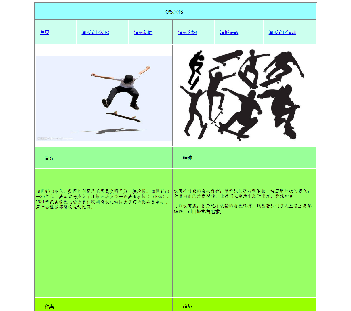滑板文化展示页面 - 介绍滑板精神、发展与种类