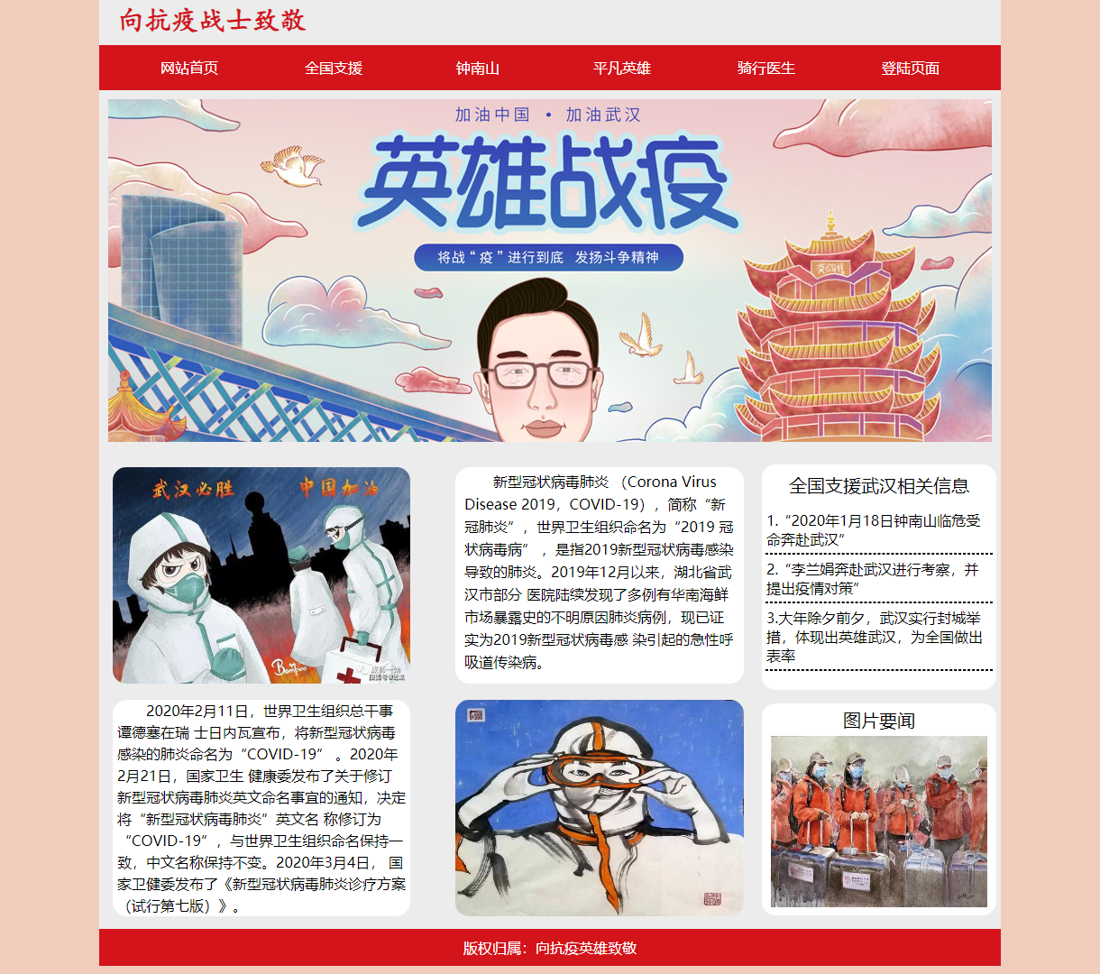 向抗疫战士致敬：传递新冠肺炎知识与全国支援信息的简约专题页面