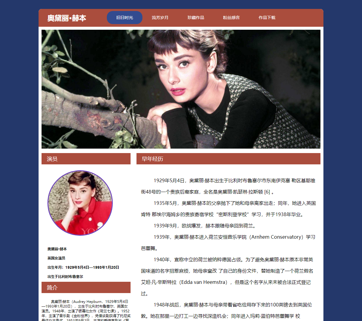 奥黛丽·赫本个人简历展示网站 - 简约而典雅的设计风格